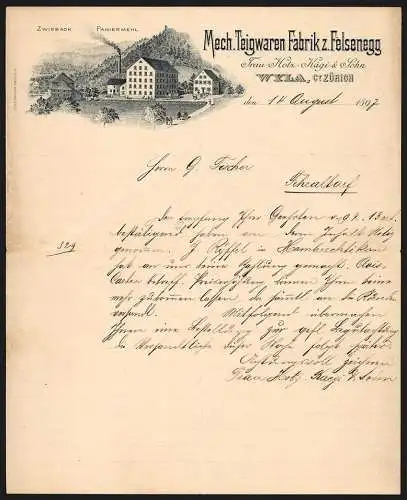 Rechnung Wyla 1897, Frau Hotz-Kägi & Sohn, Mech. Teigwaarenfabrik zum Felsenegg, Ansicht der Betriebsstelle