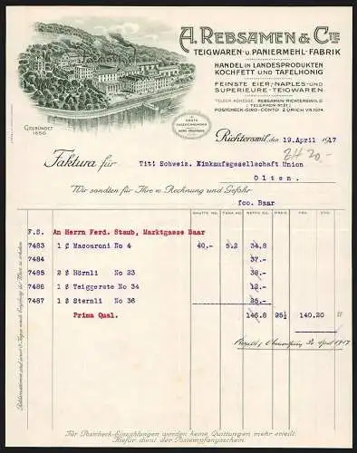 Rechnung Richterswil 1917, A. Rebsamen & Cie., Teigwaren- und Paniermehl-Fabrik, Betriebsgelände am Fluss