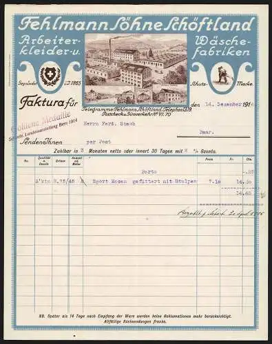 Rechnung Schöftland 1914, Fehlmann Söhne, Arbeiterkleider- & Wäsche-Fabrik, Ansicht dreier Geschäftsstellen