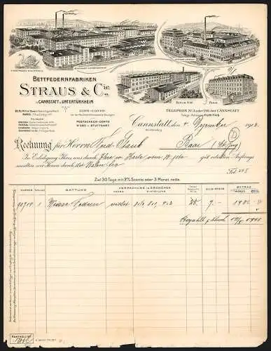 Rechnung Cannstatt 1912, Straus & Cie., Bettfedernfabriken, Ansicht der Werke in Untertürkheim, Cannstatt, Berlin, Paris