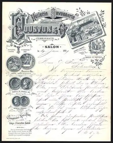 Briefkopf St. Maurice 1897, Couston & Co., Huilerie Savonnerie, Ansicht der Geschäftsstelle, Preise, Schutzmarke