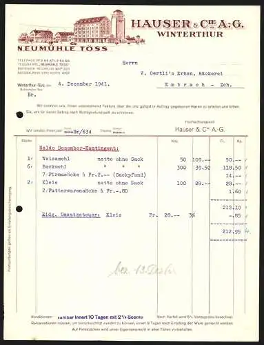 Rechnung Winterthur-Töss 1941, Hauser & Cie. AG, Neumühle Töss, Ansicht des Betriebsgeländes