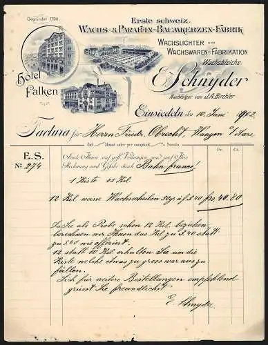 Rechnung Einsiedeln 1902, E. Schnyder, Wachs- & Paraffin-Baumkerzen-Fabrik, Ansicht dreier Geschäftsstellen