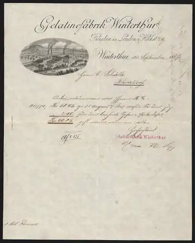 Rechnung Winterthur 1887, Gelatinefabrik Winterthur, Das Betriebsgelände aus der Vogelschau