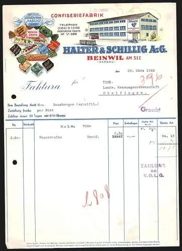 Rechnung Beinwil am See 1946, Halter & Schillig AG, Confiseriefabrik, Betriebsansicht und verschiedene Bonbons