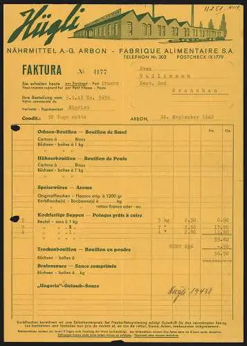 Rechnung Arbon 1942, Hügli Nährmittel AG Arbon, Modellansicht der Fabrik mit eigener Gleisanlage