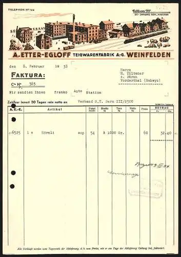 Rechnung Weinfelden 1938, A. Etter-Egloff, Teigwarenfabrik AG, Betriebsansicht mit eigener Gleisanlage