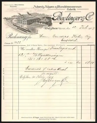 Rechnung Wetzikon 1907, Beglinger & Co., Schweiz. Sägen- & Maschinenmesser-Fabrik, Betriebsansicht an Bahngleisen