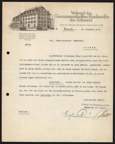 Rechnung Zürich 1922, Verband der Genossenschaften Konkordia der Schweiz, Import-Gross-Einkauf, Geschäftsstelle