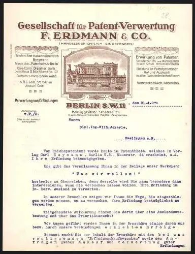 Rechnung Berlin 1927, F. Erdmann & Co., Geselllschaft für Patent-Verwertung, Strassenbahnen vor der Geschäftsstelle