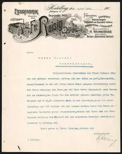 Rechnung Heidelberg 1903, Fr. Reisig, Essigfabrik, Das Betriebsgelände, Schutzmarke Heidelberger Schloss-Tropfen