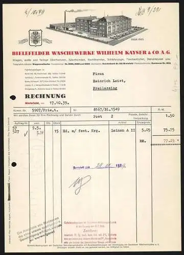 Rechnung Bielefeld 1939, Wilhelm Kayser & Co. AG, Bielefelder Wäschewerke, Modellansicht des Betriebsgeländes