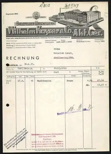 Rechnung Bielefeld 1937, Wilhelm Kayser & Co. AG, Bielefelder Wäschewerke, Modellansicht des Betriebsgeländes
