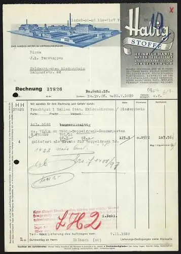 Rechnung Herdecke-Ruhr 1939, Heinrich Habig AG, Stoffdruckerei, Modellansicht des Dreiha-Werkes
