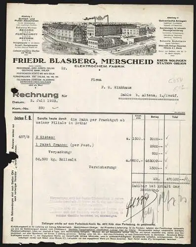 Rechnung Merscheid 1923, Friedr. Blasberg, Elektrochem. Fabrik, Das Betriebsgelände mit grossem Lagerplatz