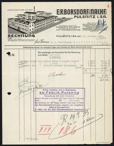 Rechnung Pulsnitz i. Sa. 1935, Firma E. R. Borsdorf Nachf., Modellansicht der Fabrikanlage aus der Vogelschau