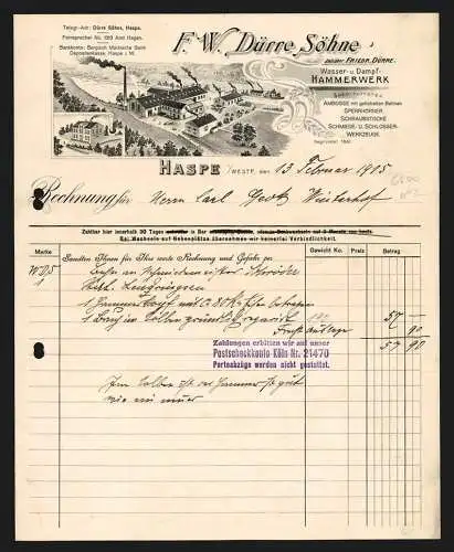 Rechnung Haspe /Westf. 1915, F. W. Dürre Söhne, Wasser- & Dampf-Hammerwerk, Betriebsgelände am Kanal, Stammhaus