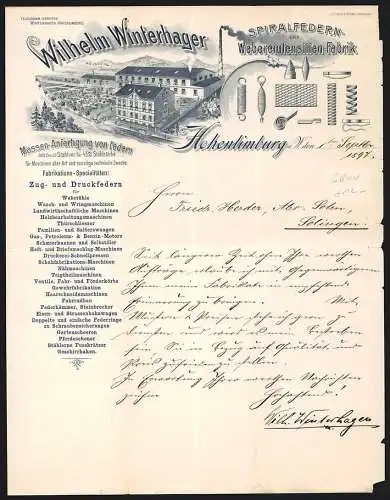 Rechnung Hohenlimburg 1897, Wilhelm Winterhager, Spiralfedern- & Webereiutensilien-Fabrik, Betriebsanlage mit Park