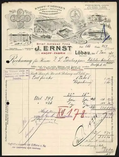 Rechnung Löbau 1920, J. Ernst, Knopf-Fabrik, Betriebsstellen, Beamtenwohnungen, Preis-Medaillen und eine Schutzmarke
