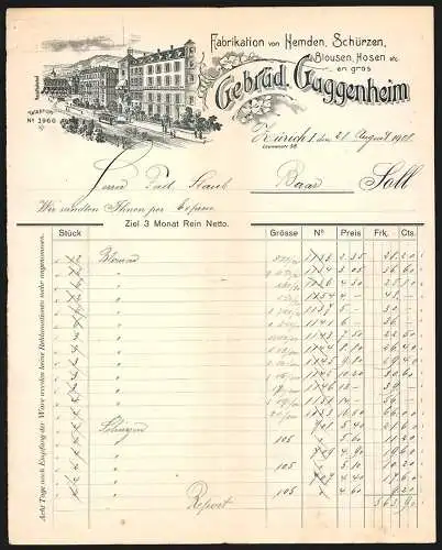 Rechnung Zürich 1909, Gebr. Guggenheim, Kleider-Fabrikation, Strassenbahn vor der Betriebsstelle