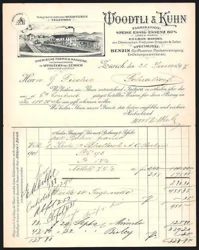 Rechnung Zürich 1897, Woodtli & Kuhn, Fabrikation chemischer Produkte, Betriebsstelle mit eigener Gleisanlage