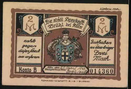 Notgeld Brühl bei Köln 1922, 2 Mark, Clemens August auf der Reiherbeize, Schloss Falkenlust