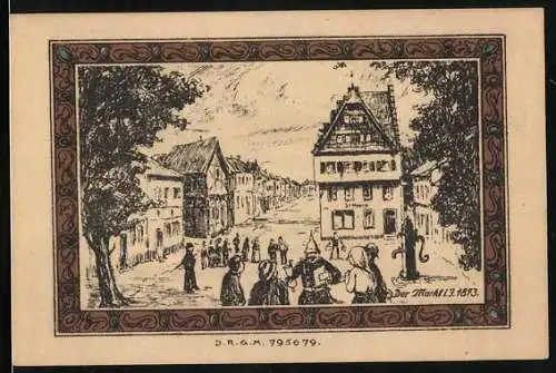 Notgeld Brühl bei Köln 1922, 50 Pfennig, Der Markt 1873