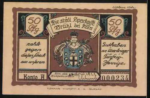 Notgeld Brühl bei Köln 1922, 50 Pfennig, Der Markt 1873