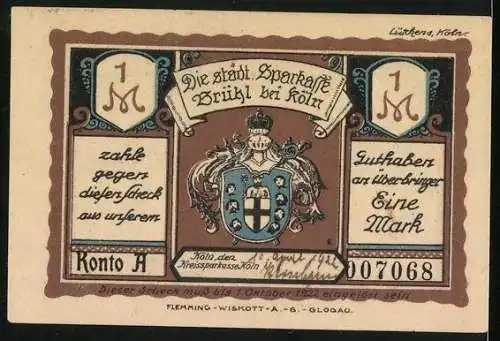 Notgeld Brühl bei Köln 1922, 1 Mark, Teilansicht mit Kurfürstlichem Hof von Köln 1575