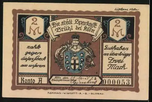 Notgeld Brühl bei Köln 1922, 2 Mark, Schloss Falkenlust, Clemens August auf der Reiherbeize