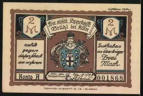 Notgeld Brühl bei Köln 1922, 2 Mark, Schloss Falkenlust, Clemens August auf der Reiherbeize