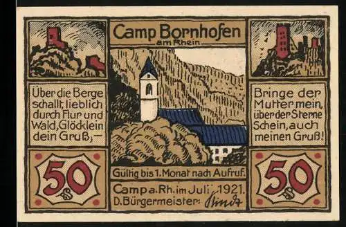 Notgeld Camp Bornhofen a. Rh. 1921, 50 Pfennig, Ortspartie mit Kirche