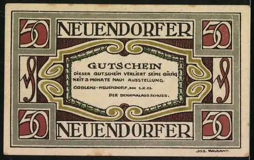 Notgeld Coblenz-Neuendorf 1921, 50 Pfennig, Hausaltar 1914-1918