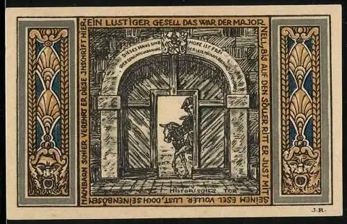 Notgeld Coblenz-Neuendorf 1921, 75 Pfennig, Major Nell reitet durch die Tür