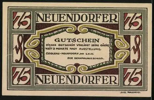 Notgeld Coblenz-Neuendorf 1921, 75 Pfennig, Major Nell reitet durch die Tür