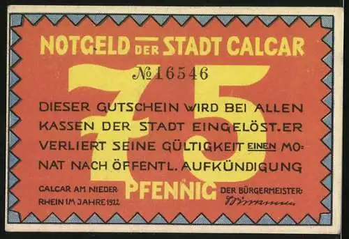 Notgeld Calcar am Niederrhein 1922, 75 Pfennig, Baumeister Johann