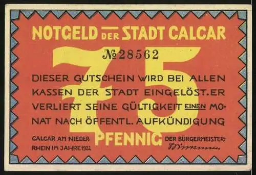 Notgeld Calcar am Niederrhein 1922, 75 Pfennig, Bildschnitzer Meister Loedewich