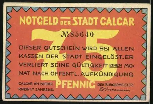 Notgeld Calcar am Niederrhein 1922, 75 Pfennig, Ritter mit Stadtwappen u. Siegeln