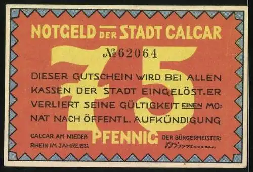 Notgeld Calcar am Niederrhein 1922, 75 Pfennig, Maler Jan Joest von Calcar