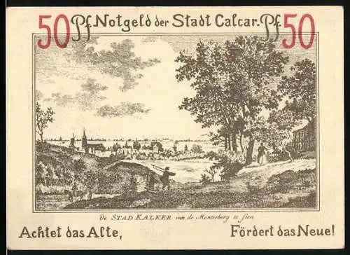 Notgeld Calcar 1922, 50 Pfennig, Panorama von de Monterberg te sien