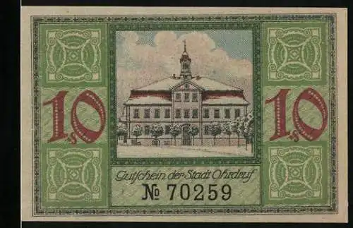 Notgeld Ohrdruf 1921, 10 Pfennig, Rathaus im Schnee