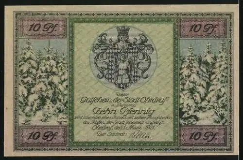Notgeld Ohrdruf 1921, 10 Pfennig, Rathaus im Schnee