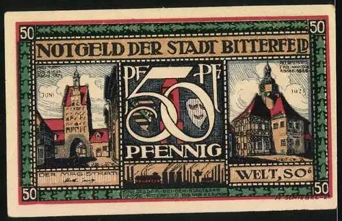 Notgeld Bitterfeld, 50 Pfennig, Gasthof mit Pferdewägen, Landkarte mit Berlin, Leipzig und Halle, Wappen