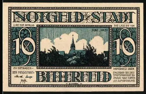Notgeld Bitterfeld 1921, 10 Pfennig, Ortspartie mit Kirche, Das alte Kornhaus