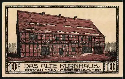 Notgeld Bitterfeld 1921, 10 Pfennig, Ortspartie mit Kirche, Das alte Kornhaus