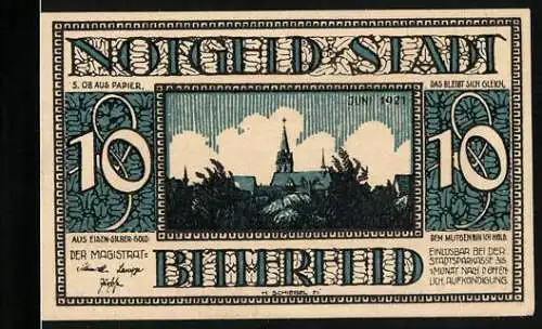 Notgeld Bitterfeld 1921, 10 Pfennig, Blick zur Kirche, Das alte Kornhaus