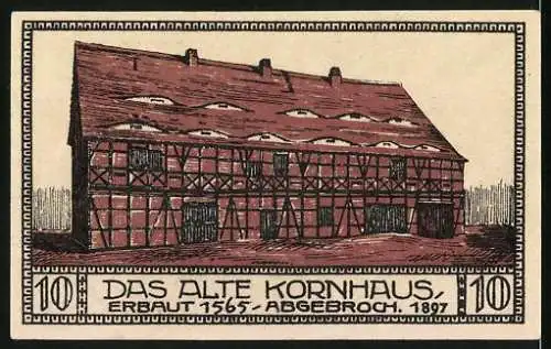Notgeld Bitterfeld 1921, 10 Pfennig, Blick zur Kirche, Das alte Kornhaus