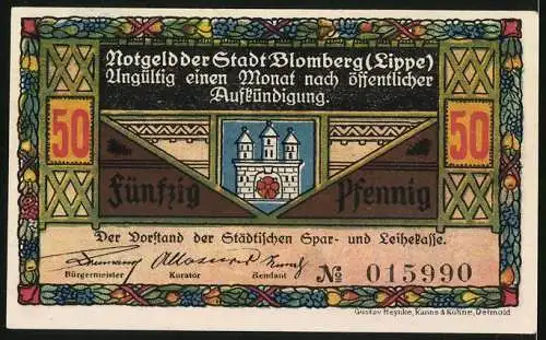 Notgeld Blomberg /Lippe, 50 Pfennig, Rathaus, Wappen