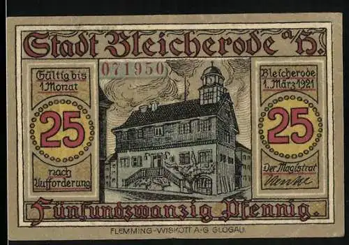 Notgeld Bleicherode a. H., 25 Pfennig, Rathaus, Wappen
