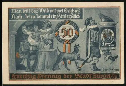 Notgeld Bürgel /Th. 1921, 50 Pfennig, Man teilt das Wild mit viel Geschick, Nach Jena kommt ein Hinterstück